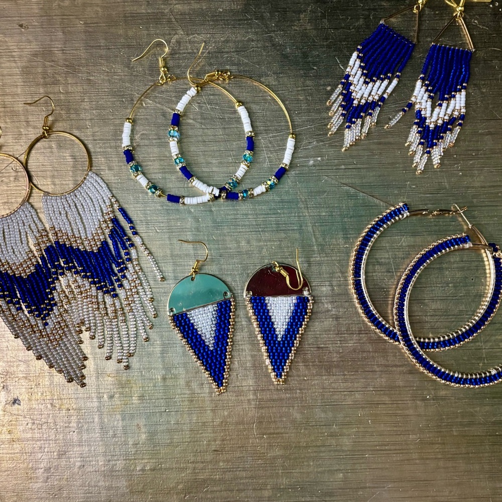 Blue and Gold Beaded Earrings Set
